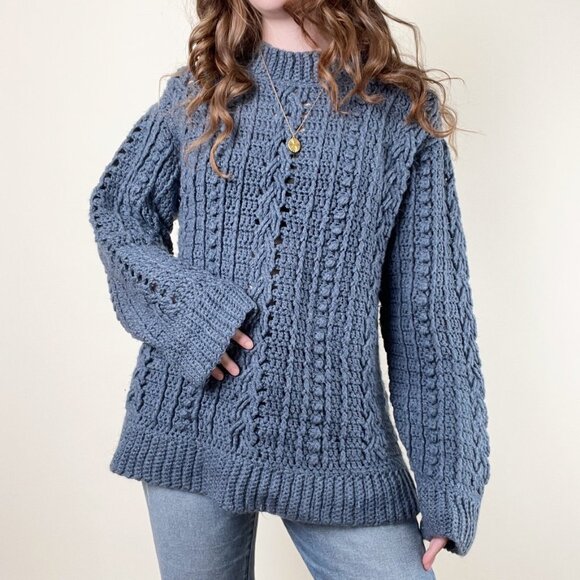 Vintage Sweaters - Vintage Handmade Cable Knit Slouchy Oversized Sweater Chunky Cozy Aran Preppy